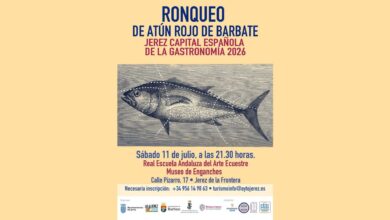 Cartel informativo del ronqueo de atún rojo de Barbate en el Museo de Enganches de Jerez, evento de la Capital Gastronómica 2026.