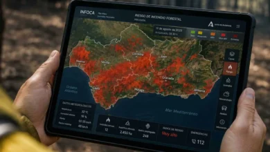 Mapa digital de riesgo de incendios forestales en Andalucía con zonas de peligro alto.
