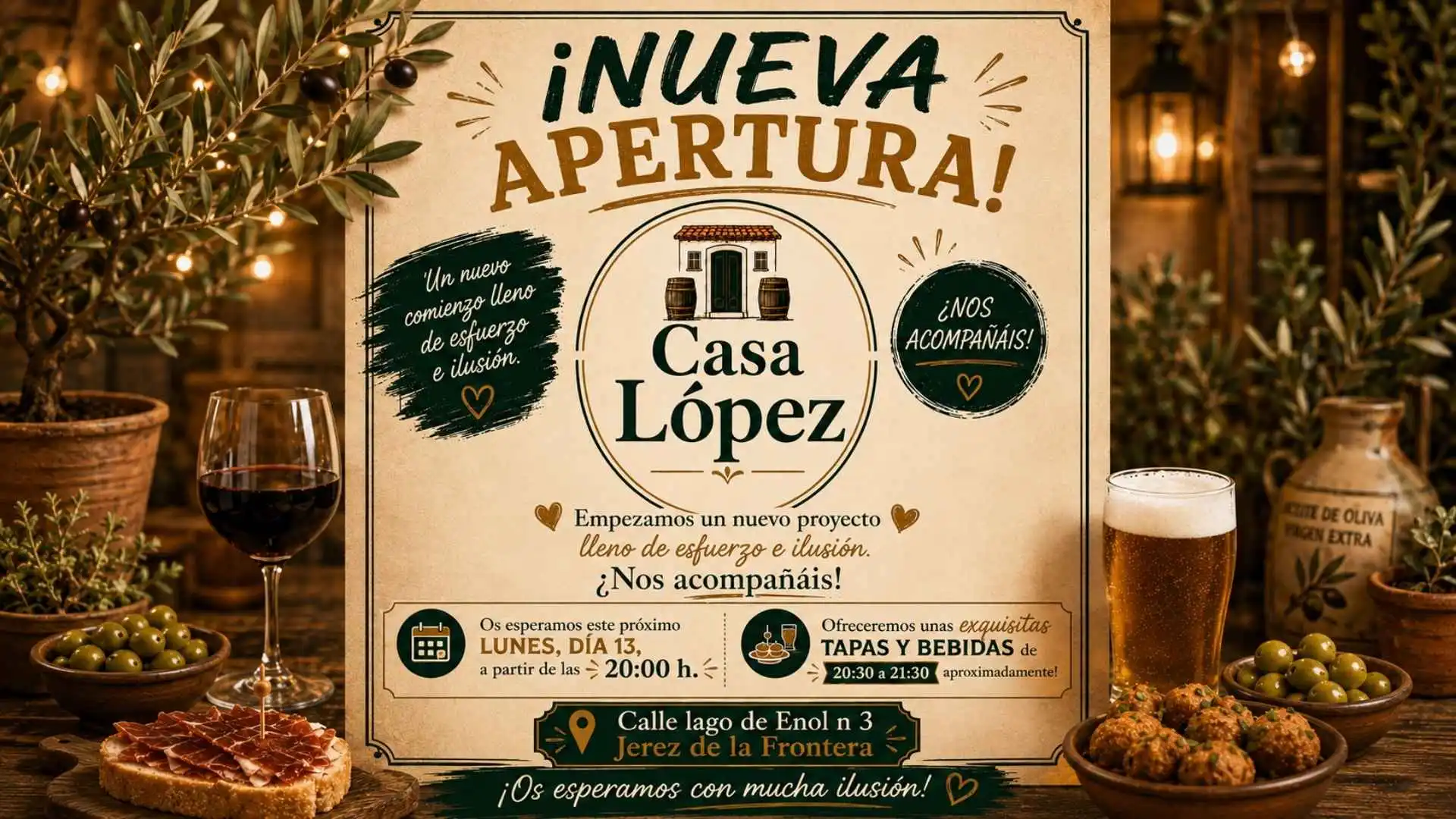 Cartel promocional de la nueva apertura del restaurante Casa López en Jerez de la Frontera