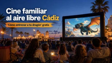 Pantalla gigante de cine de verano al aire libre en Cádiz proyectando la película Cómo entrenar a tu dragón frente a familias sentadas en la playa al atardecer.