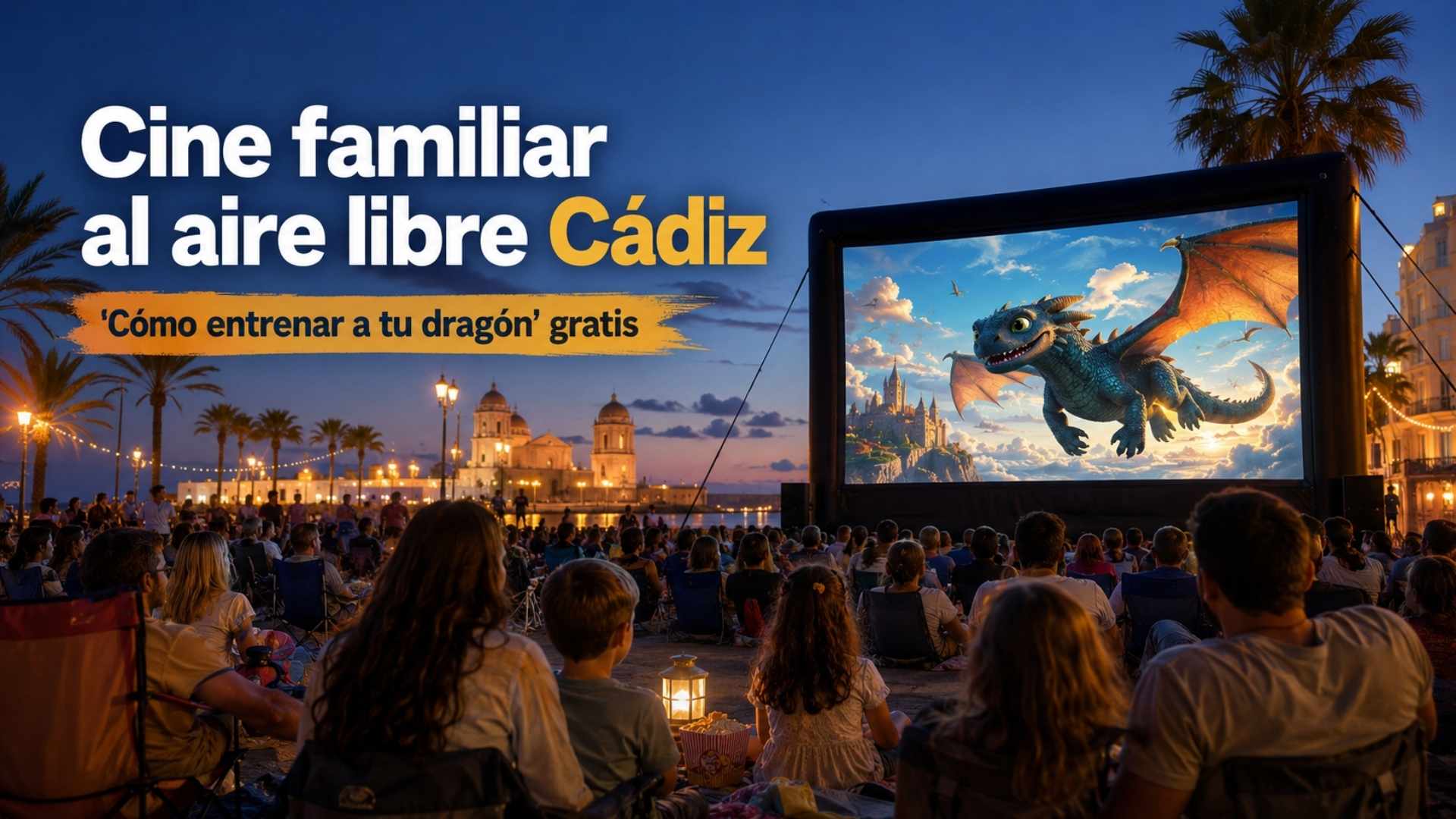 Pantalla gigante de cine de verano al aire libre en Cádiz proyectando la película Cómo entrenar a tu dragón frente a familias sentadas en la playa al atardecer.