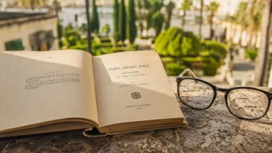 Libro antiguo y gafas sobre una mesa de piedra con jardín jerezano desenfocado al fondo.