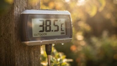Termómetro digital para exteriores marcando una temperatura alta de 38.5 grados centígrados en un entorno de jardín soleado.