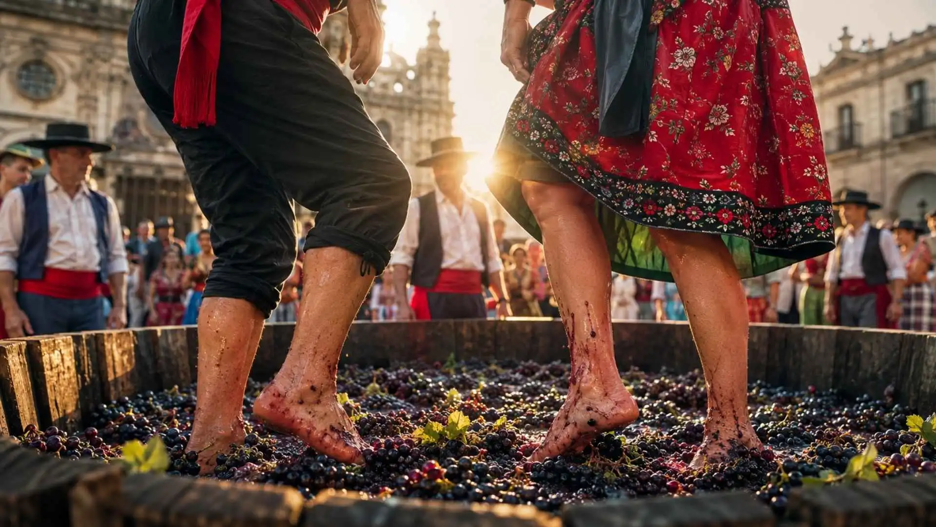 Tradicional ceremonia de la Pisa de la Uva en Jerez durante las Fiestas de la Vendimia 2026, con personas pisando uvas frente a la catedral.