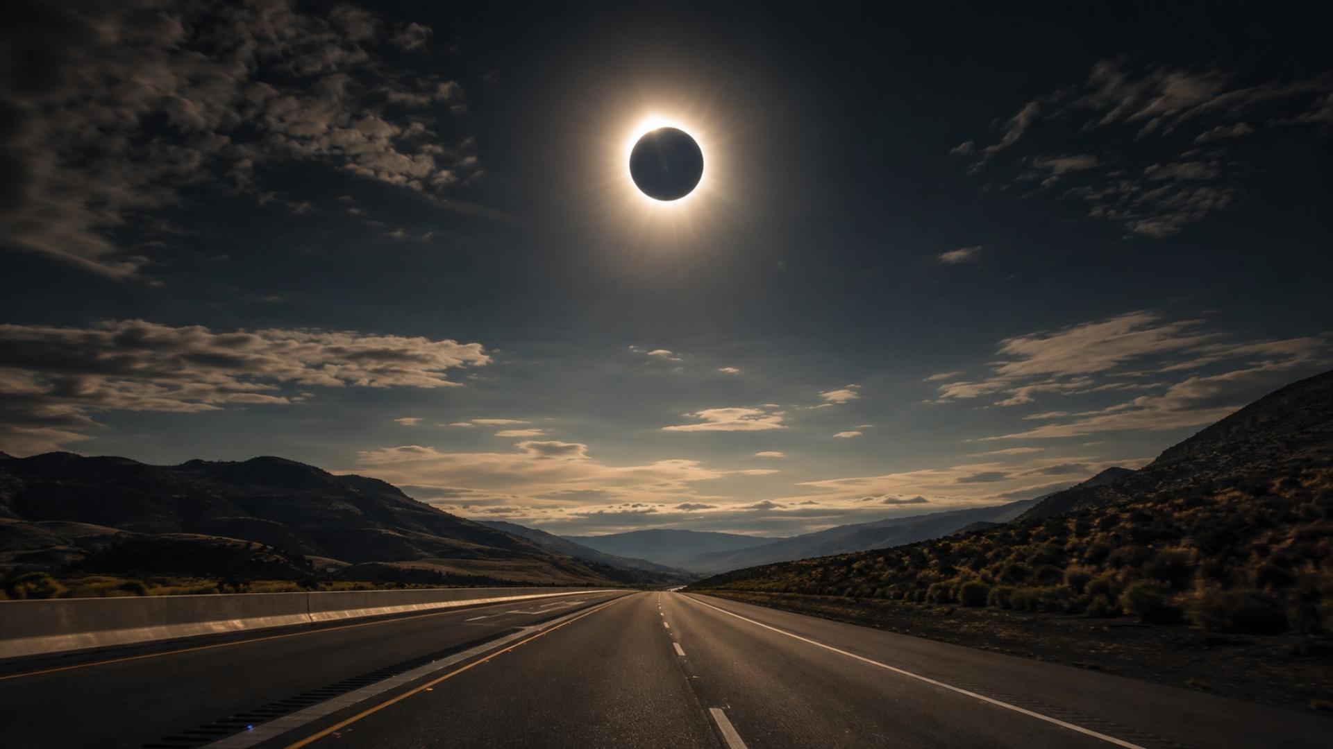 Eclipse solar sobre una carretera desierta con cielo parcialmente nublado.