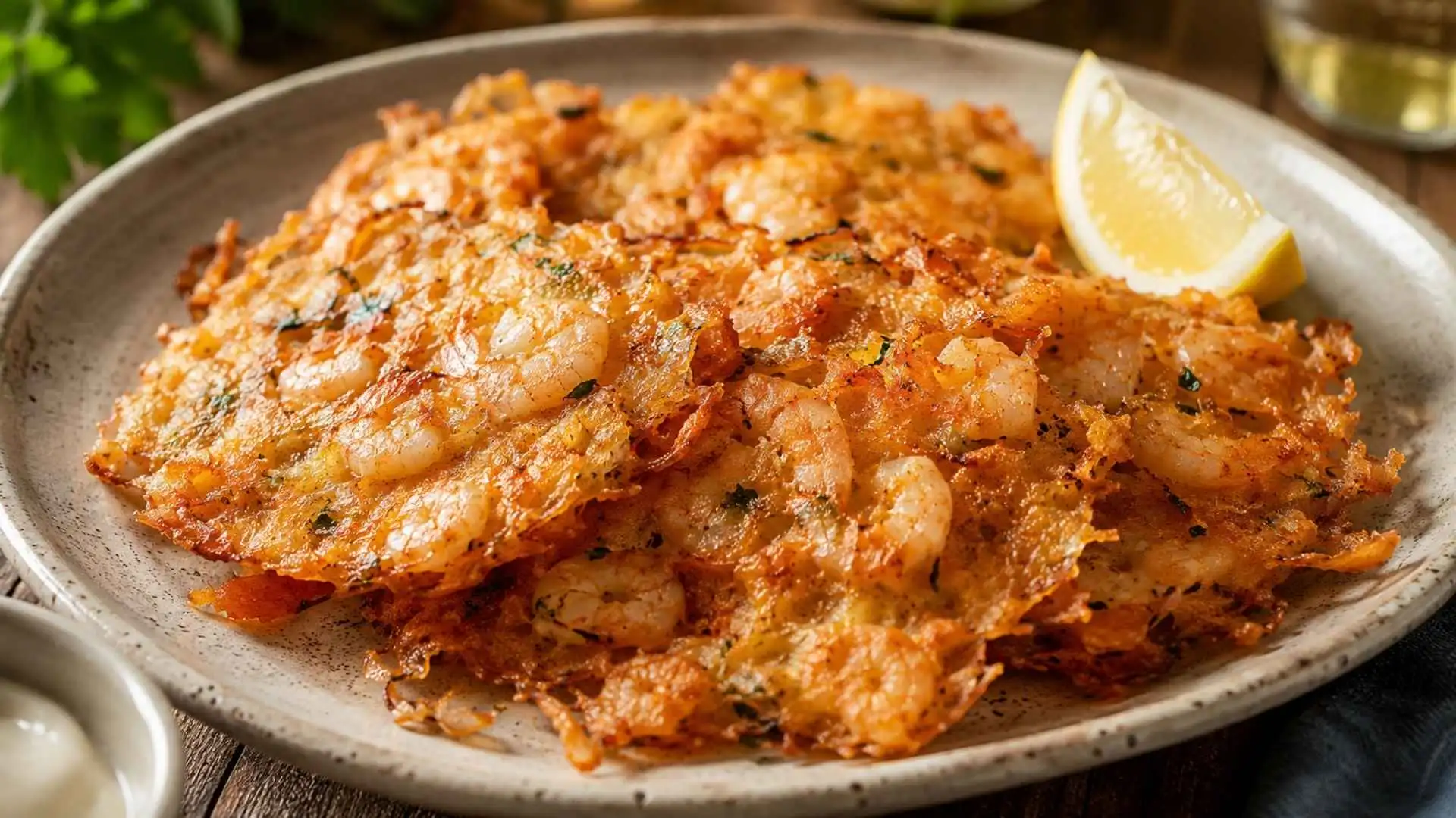 Plato de tortillitas de camarones tradicionales recién hechas, servidas con una rodaja de limón sobre una mesa de madera.