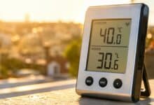 Termómetro digital marcando temperaturas altas durante una ola de calor en Andalucía.
