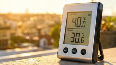 Termómetro digital marcando temperaturas altas durante una ola de calor en Andalucía.