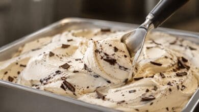 Cuchara sirviendo una bola de helado de stracciatella casero y cremoso con trozos de chocolate negro.