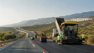 Obras del plan de asfaltado en una carretera de Andalucía con maquinaria pesada y operarios trabajando