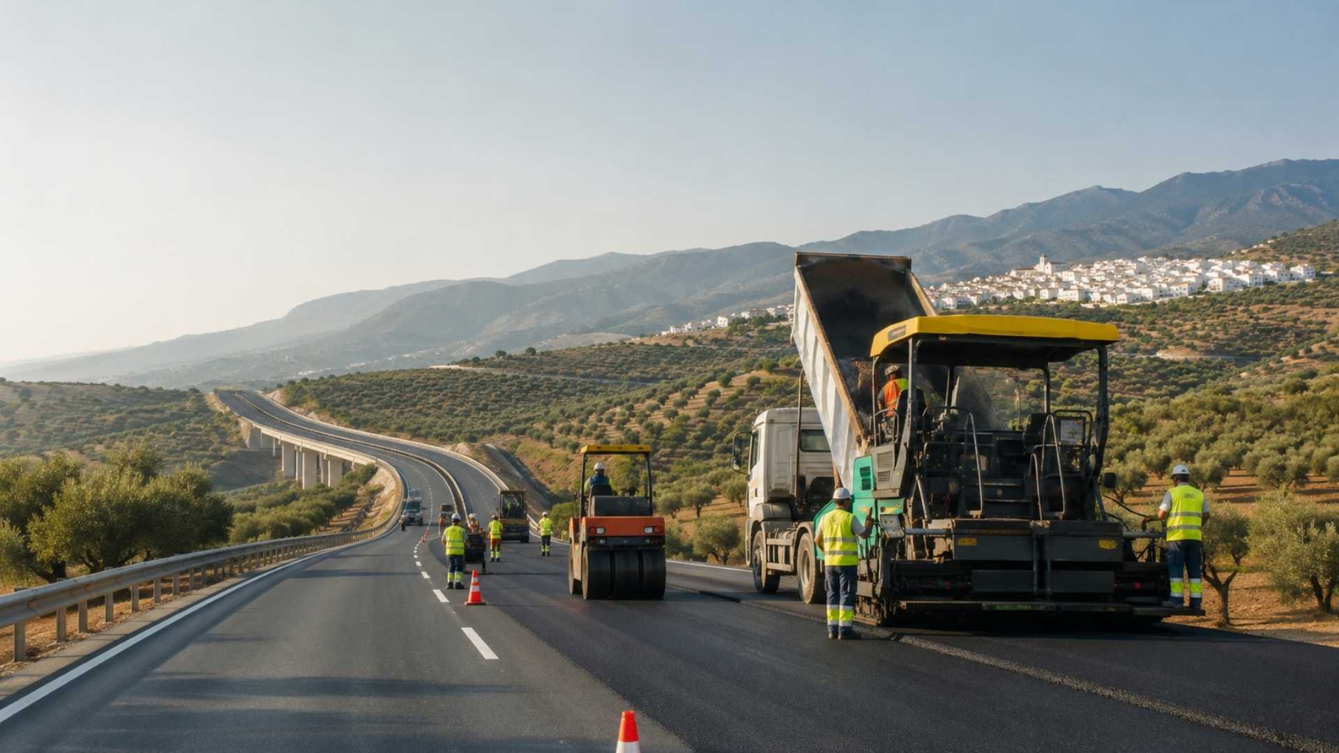 Obras del plan de asfaltado en una carretera de Andalucía con maquinaria pesada y operarios trabajando