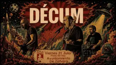 Cartel del concierto del grupo de rock espacial Décum en la Plaza del Rey, organizado por el Ayuntamiento de Zahara de la Sierra.