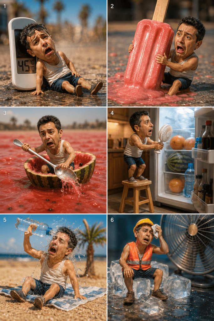 Personas sufriendo por el calor extremo en diferentes situaciones.