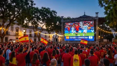 Pantalla LED gigante instalada al aire libre en la Alameda Vieja de Jerez de la Frontera, mostrando un partido de fútbol de la selección española frente a una multitud de aficionados al atardecer.