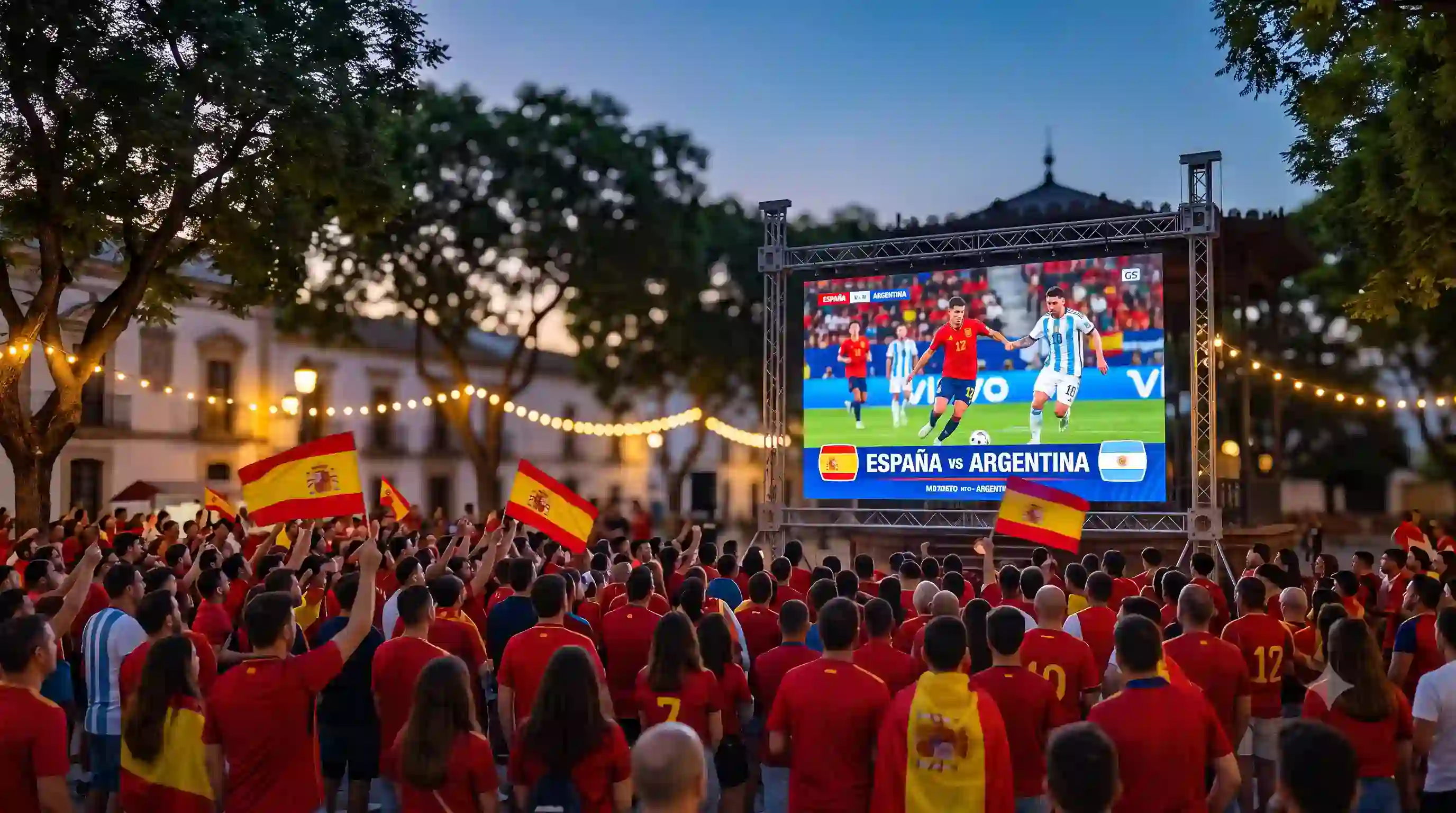 Pantalla LED gigante instalada al aire libre en la Alameda Vieja de Jerez de la Frontera, mostrando un partido de fútbol de la selección española frente a una multitud de aficionados al atardecer.