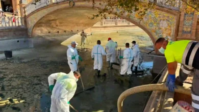 Personal de limpieza trabajando en la ría de la Plaza de España en Sevilla.