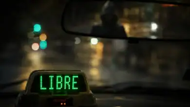 Señal de taxi libre en el interior del vehículo en una noche urbana.
