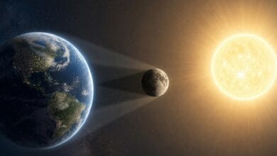 Representación espacial del alineamiento entre la Tierra, la Luna y el Sol durante un eclipse solar.