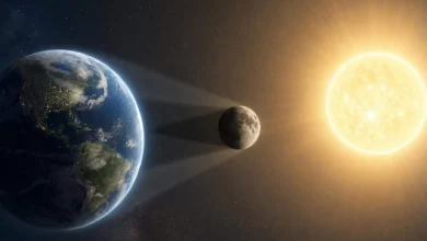 Representación espacial del alineamiento entre la Tierra, la Luna y el Sol durante un eclipse solar.