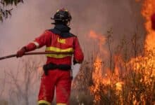 Bombero combatiendo un incendio forestal en Huelva con llamas y humo.