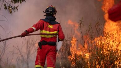 Bombero combatiendo un incendio forestal en Huelva con llamas y humo.