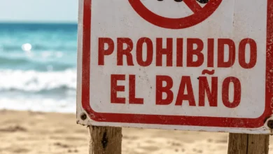 Señal de prohibido el baño en playa de Cádiz por contaminación bacteriana.