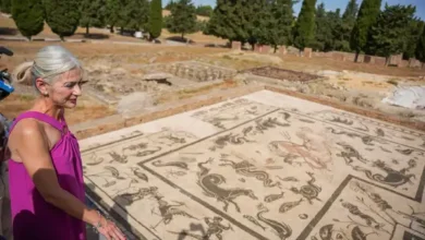 Una mujer observa un gran mosaico instalado al aire libre
