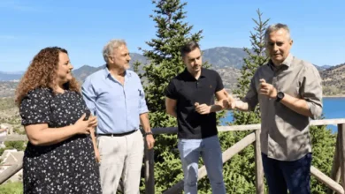 Grupo de personas conversando en un mirador con vista al lago y montañas en el fondo.