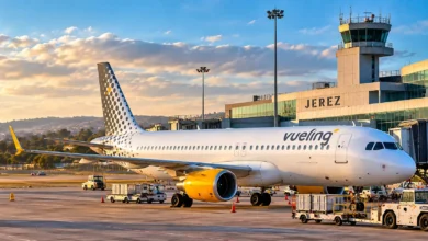 Avión comercial de Vueling en el aeropuerto de Jerez durante una jornada de invierno