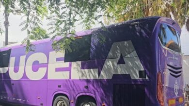 Autobús del Real Valladolid en un entorno con árboles y sombra.