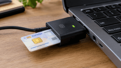 Dispositivo de notificación electrónica conectado a un portátil.