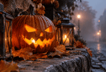 Calabaza de Halloween tallada con cara terrorífica en ambiente nocturno.