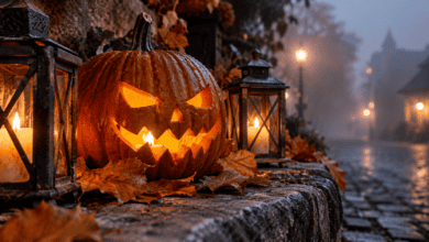 Calabaza de Halloween tallada con cara terrorífica en ambiente nocturno.