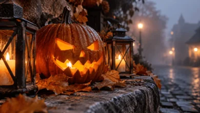 Calabaza de Halloween tallada con cara terrorífica en ambiente nocturno.