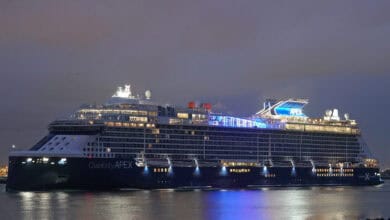 Crucero Celebrity Apex en el puerto de Cádiz de noche.