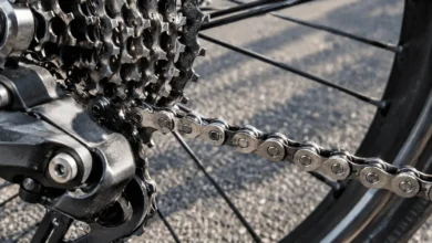 Cadena de bicicleta y engranajes en primer plano.
