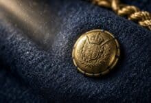 Botón dorado en uniforme militar con detalles históricos.