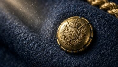 Botón dorado en uniforme militar con detalles históricos.