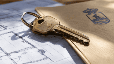 Llave de vivienda pública sobre planos y documento oficial.