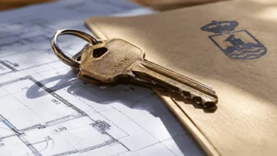 Llave de vivienda pública sobre planos y documento oficial.