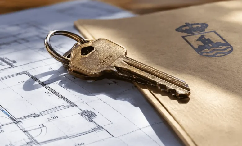 Llave de vivienda pública sobre planos y documento oficial.