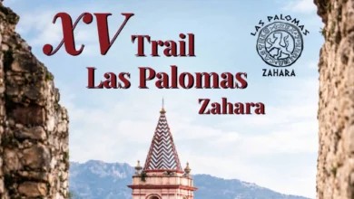 Cartel del XV Trail Las Palomas Zahara con paisaje montañoso de fondo.