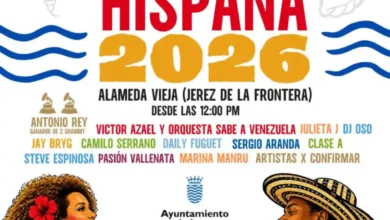 Cartel oficial del festival "Alma Hispana 2026", que se celebrará los días 9, 10 y 11 de octubre en la Alameda Vieja de Jerez de la Frontera, con música en directo, gastronomía y actuaciones de artistas como Antonio Rey y Víctor Azael.