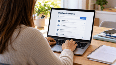Una mujer sentada frente a una mesa de madera usando un portátil que muestra un portal de ofertas de empleo con categorías como Atención al cliente, Formación, Hostelería y Comercio.