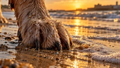 Detalle en plano macro de una pata de perro dejando una huella en la arena mojada de la playa al atardecer