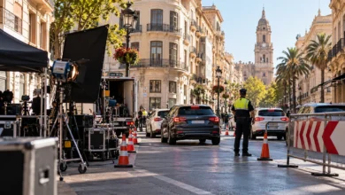 Propuesta visual de una calle céntrica de Málaga con tráfico urbano y señalización temporal por una grabación audiovisual