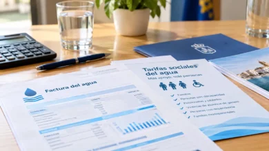 Una factura de agua y documentos de tarifas sociales sobre una mesa de oficina municipal