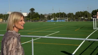 Campo de fútbol de césped artificial con porterías y una persona en primer plano junto a una barandilla metálica.