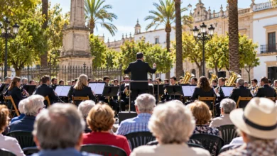 Banda municipal actuando en un espacio urbano de Jerez durante una actividad cultural para personas mayores