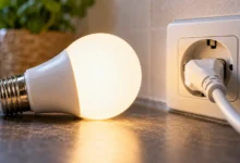Primer plano de una bombilla LED encendida junto a un enchufe doméstico para ilustrar el ahorro de electricidad en el hogar.